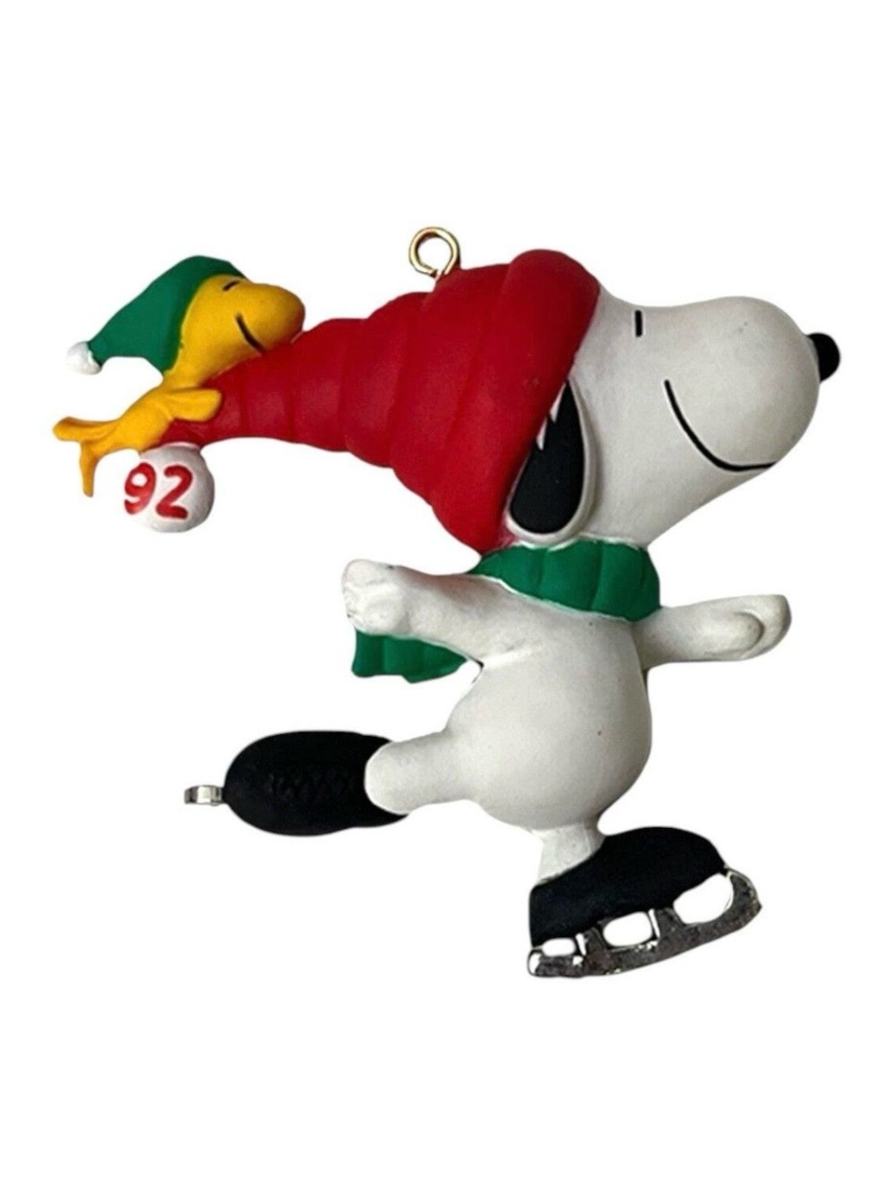 1992 Peanuts Snoopy & Woodstock Ice Skating Holiday Ornament - White/Red/Green